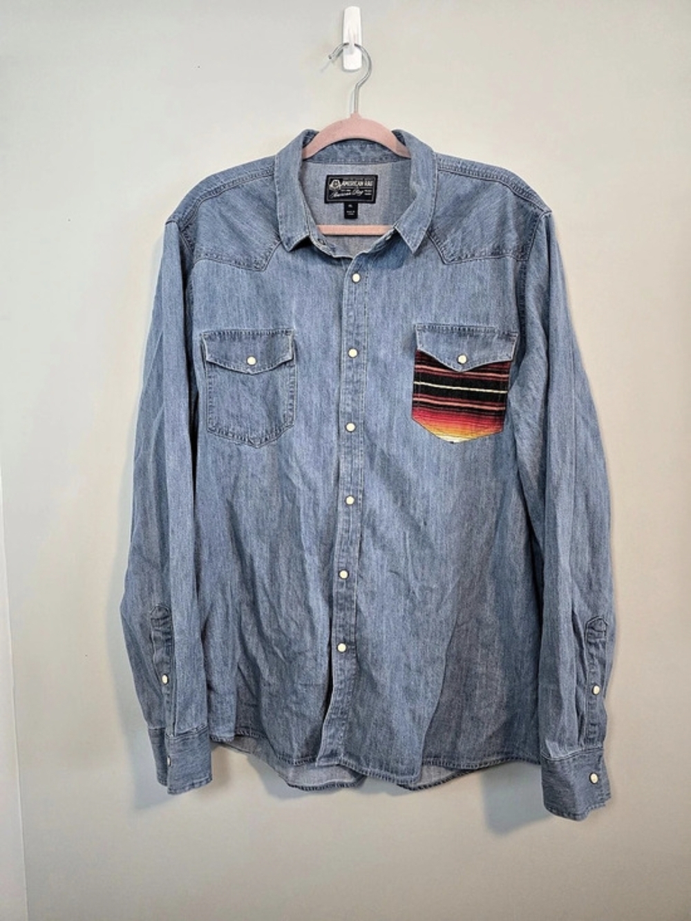 American Rag Light Wash Cotton Denim Western Shirt Striped Pocket Men’s XL